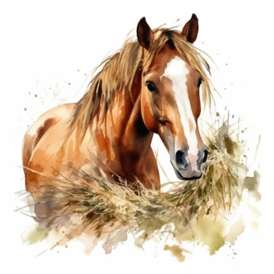beuatiful horse eating hay watercolor clipart on white background, sharp
