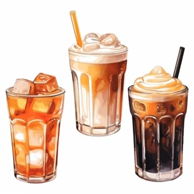 watercolor, Hot and cold coffee beverages. Different types of drinks set. Espresso, americano cup, cappuccino and latte in the paper mug, iced macchiato in the glass. png Full body realistic cartoon in 32K UHD cute. 15 cm thick outline. Black color. There was no shadow on the ground. 8k with realistic watercolors and detailed illustrations. PNG clipart, transparent white background