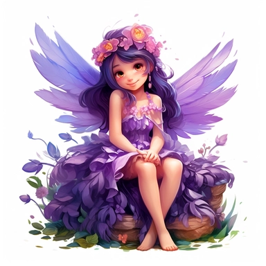 a beautiful smiling fairy girl sitting in flowers, big wings, purple dress, pixar style, full body image, clipart, white background