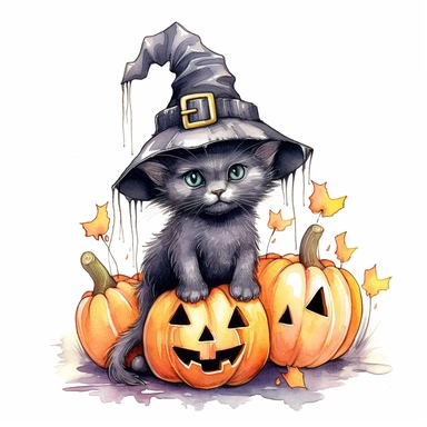 Halloween, cute little kawaii cat in witch hat sitting near pumpkins, isolated on a white background watercolor, high detail, unique, intricate detail, hand - painted , style by Lucy Fleming, watercolor, smooth gradients, black contour outline, ultra detailed, clipart elements, delicate pastel colors, solid white background, super clear, high quality