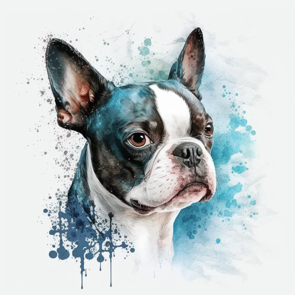 the Boston Terrier is painted beautifully with watercolor splashes, in ...