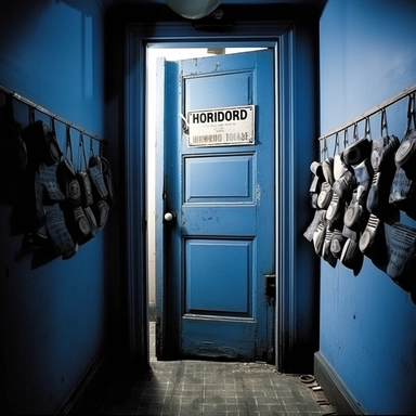weirdcore,1940, photo,Handle, this door is tightly barred and guarded,clipart of ice cream scoops, interior walls are dark blue gray, coat hooks can be seen near the front door, several with black jackets hanging on them, wall covered with posters, printed With the slogan of Hedonic Wars,threshold space,loneliness,asymmetri,lonely,gloomy,nightcore,photo