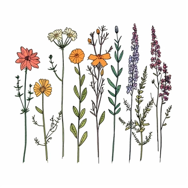 Wildflowers, Flower Meadow , Flower Border, Minimalist Flower Bouquet, Wildflower Clipart hand drawn sketch with colors of wildflower meadow drawings boho minimalist style 4
