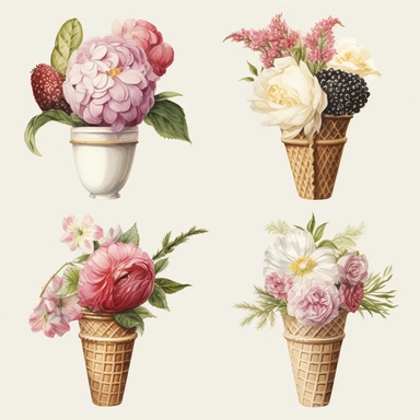 4 watercolor cliparts of neoclassical icecream with flowers integrated on it, yaka art, Hyperrealistic still life, aurorapunk, 1990s, appropriation artist, hellenistic art