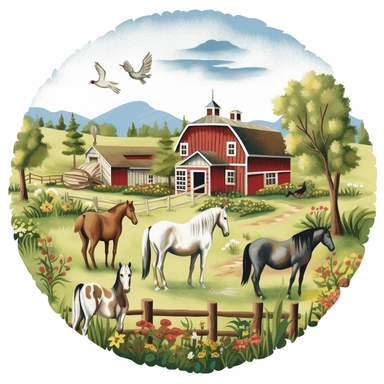 farm scene ponies, horses, clipart