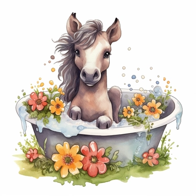 watercolor clipart, adorable cheeky looking baby horse sitting in a steel bathtub. Hyper realistic. The horse looks dozy and content. The mood is relaxing and happy. Soapy bubbles float up out of the bathtub. The horse has a pile of soap suds on its head. Soft red and yellow flowers on the ground infront of the bathtub with light grey and green strands of grass. 8K. High detail. 300 DPI. White background