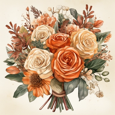 create a beautiful high quality highly detailed highly saturated watercolor clipart illustration of a beautiful single and elegant decorative SIMPLE COTTAGECORE BRIDAL BOUQUET WITH THE FLORAL STEMS WRAPPED in SILK BURLAP covered in a theme of burnt orange, terracotta, beige, flower arrangement with vendela rose, dahlia rose, rose bud, willow, use intricate detailing for the BRIDAL BOUQUET, pay close attention to the leaves, this illustration should be used for wedding invitations, pay close atte
