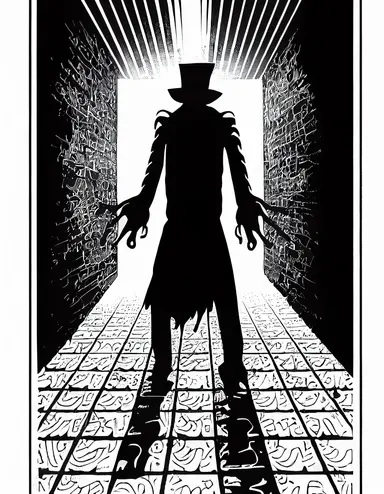 black and white coloring book page of cartoon Freddy Krueger standing in a hallway, vector image, cartoon, white background, b&w, clipart style, detailed