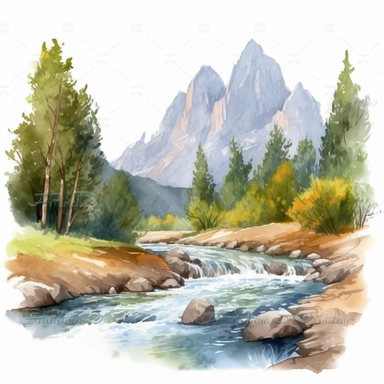Professional gouache hand - painted illustration of Mountain River in the middle surround by trees, spring, focus on the mountain, Landscape clipart, hiking, nature, camping, white background, natural form, very detailed, deep colour, 8k