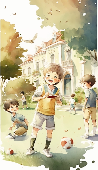 fThe little boy, family members, and other children are playing football together on the lawn outside the villa. The weather is sunny,high angle view,overall view,illustration for book, children's book, multiple positions,manga style,Watercolor Clipart, strybk,full Illustration, 4k, sharp focus, watercolor, smooth soft skin, symmetrical, soft lighting, detailed face, concept art, watercolor style, strybk, children's style fairy tales, chibi kawaii, . Octane rendering, 3d. Perfect face, detailed 