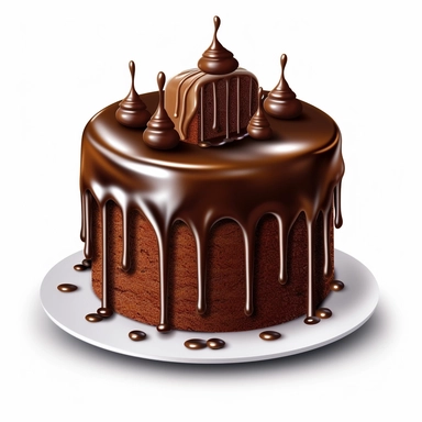 Generate a clipart image of a chocolate ganache birthday cake white background. Showcase a rich chocolate cake covered in a velvety ganache frosting, perfect for chocolate lovers