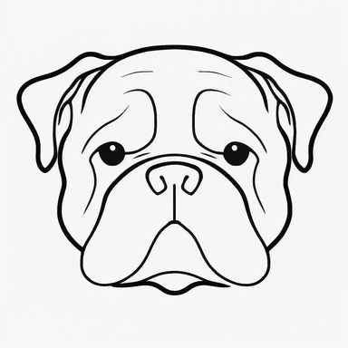 simple outline of a front facing English Bulldog dog head, kids cartoon, minimalist, black on white, lineart, 2d flat file, silhouette, clipart, svg