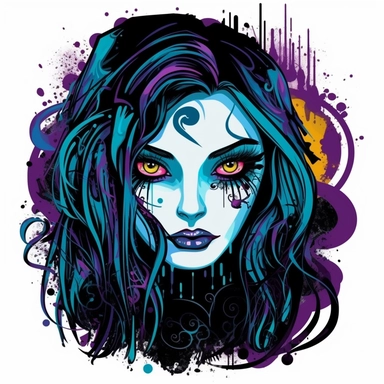 Design a clipart featuring a goth woman with luminous eyes. Make the image visually striking by incorporating bold and vivid colors, while maintaining excellent clarity and detail. The background should be pure white