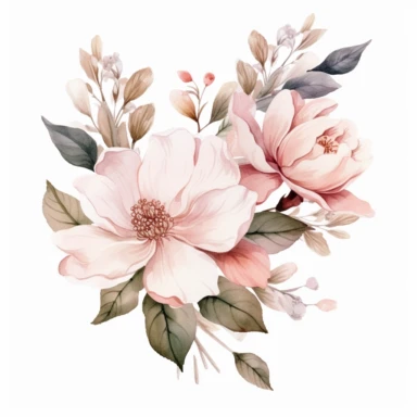 watercolor Blooming Blush floral line for decoration, style of Pierre-joseph redoute, png, clipart, hd, contour white outline, isolated on white background