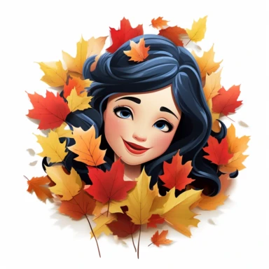 A princess snow white from Disney franchise sneaking out her head out of maple leaves stack, so many maple leaves in the center of the image,smiling, halloween, pixar style, clipart, white background , fall scene, swag cut