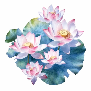 Top view, drone shot, lotus flowers with bud floating on the water artistic watercolor with a delicate touch with shadow gradation white background clipart high quality 8k hyper detailed