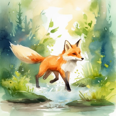 a watercolor art type clipart of a fox cute running in water in a forest on a spring sunny day in the forest