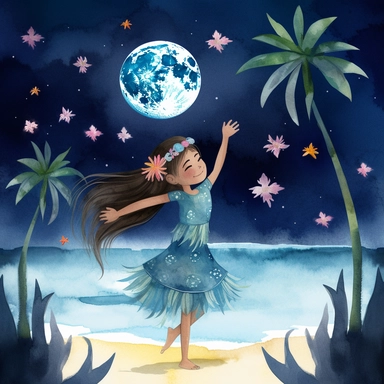watercolour, tropical island setting, showcase an adorable little polynesian hula girl (aged 8) she is dancing under the moonlight on the beach with full moon and twinkling stars above, she is happy, she has tropical beautiful flowers in her hair, the feeling is magical, clipart style