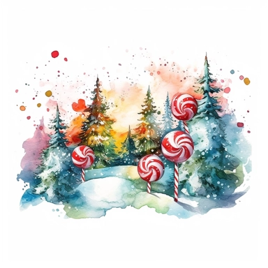 Christmas candyland clipart, watercolor effect, high definition, red green white gold blue, centered, white background, image only