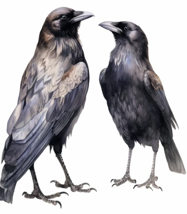realistic watercolor male & female north eurasian raven, screenshot, clipart, super detailed, in the style of medieval watercolor illustrations, intricate detail, on solid white background , no shadow, oil paintings