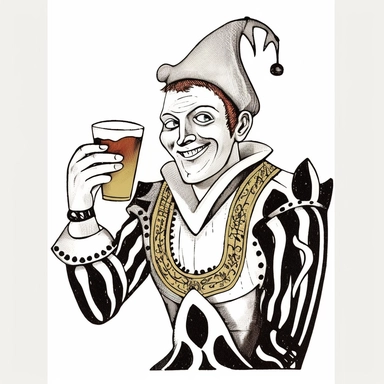 Court Jester holding a large glass of beer, solid lines, pen and ink, The Fool, Playing Card Art, Detailed hands, Detailed Face, flat black and white sketch, Clean Lines, White Background, Solid Lines, clipart style image