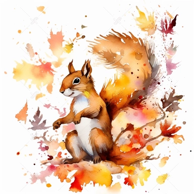 Watercolor clipart of an agile woodland squirrel, its detailed brown fur gleaming in the light, mid-leap between two sturdy oak branches, environment rich with the warm golds and reds of autumn foliage, atmosphere of energetic charm and the vibrant joy of fall, Illustration, digital watercolor with dynamic brush strokes to depict movement,