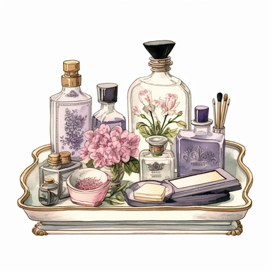 watercolor, hyper realistic, white background, white margins, 16k, ultra detailed clipart, cut out image, hand-drawn An antique-inspired vanity tray with vintage perfume bottles arranged on it, accompanied by a mirror, a brush, and other beauty accessories. Use soft and muted colors such as dusty rose, antique gold, lavender, and sage green for a vintage-inspired palette