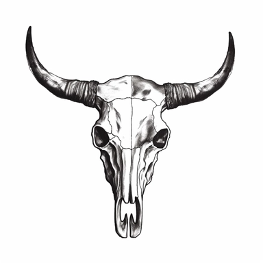 a silhouette of a bull skull with wide white long horns on transparent background,vector objects, clip art, black and white style of austin briggs natural symbolism, monochromatic, line drawings, minimalist detail, cowboy imagery, rusticcore