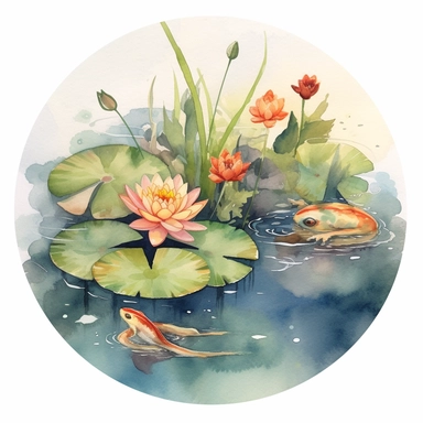 Watercolor Lily Pond Clipart, lily pad and frog pond, CLIPART, fish and birds