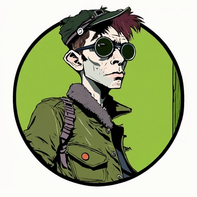 fashionable young punk teamster ranger caricature DJ Qualls beret sunglasses, Dungeons & Dragons, Mad Max Lord of the Rings, handpainted enamel punk zine indie retrowave, clipart illustration, circle white background, circle border