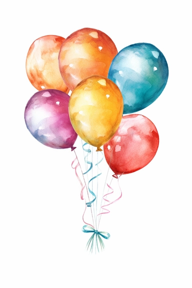 6 different watercolor balloon bundles tied with ribbons, clipart, hd, isolated, spaced out, on white background,