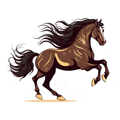 Clip Art, 2d, Flat Vector, DARK BROWN ARABIAN Breed Horse With BLACK Extremely long thick Mane LOGO on White Background, NO TEXT, NO WATERMARK,