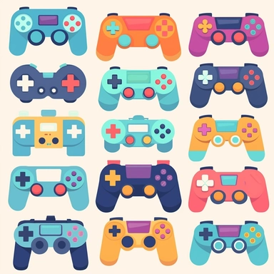 Gamepads vector clipart, vector cute collection, in the style of# screenshotsaturday, light blue soft pastel background, flat areas of color, flat color blocks, 1970–present, rough - edged 2d animation, lightbox, colorful animation stills, high quality clipart, front view