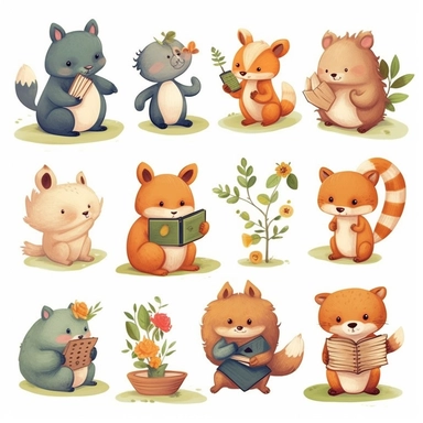 Create a set of clipart featuring cute animals engaged in various activities like reading a book, playing with a ball, gardening, or cooking. These versatile and adorable animal illustrations can be used in various educational materials, children's books, or crafting projects.