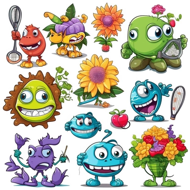 icon flowers monsters with sports activities at the clip art