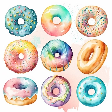 6 Watercolor doughnuts clipart, hd, isolated on white background, spaced out ar 3:2 s1000