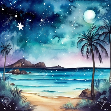 clipart style, watercolor scene of A captivating illustration of a Nighttime Beachscape, showcasing a serene beach with palm trees leaning over the shimmering water. The starry sky above adds a sense of wonder and awe, while seashells scattered on the sand evoke a feeling of discovery and connection with nature, HD, on white background