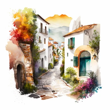 beautiful watercolor clipart of white houses on a cobbled street in a French hillside village near the Mediterranean sea, warm summer hues, compositions on an isolated white background. Bright landscapes illustrations, highly detailed