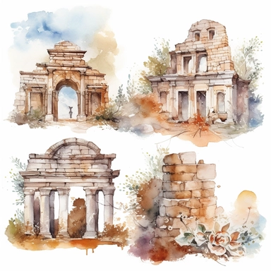 watercolor turkey ephesus ruins, illustrations clipart set, simple, , cartoon elements ,different variants ,marble elements, separate elements with a margin