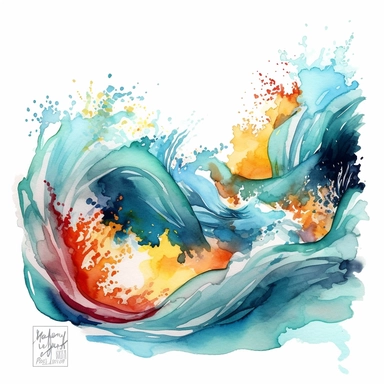 watercolor crashing waves, shades of coral turquoise yellow and blue, glamorous, very detailed and realistic, white background with margins, clipart style