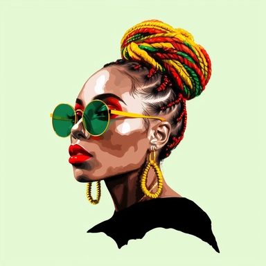a beautiful black woman with braids updo and green, black queen vibes, yellow and red hair beads, sunglasses on, juneteeth art, watercolor clipart