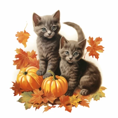 autumn themed russian blue kittens, vintage clip art