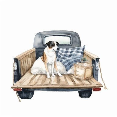 dog in the bed of a truck watercolor clipart single design, 8k