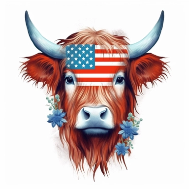 Highland cow face with 4th of july American flag Sublimation Clipart, Cartoon, high detail, illustration style,on white background