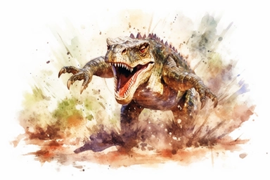 Watercolor, Illustrate the swift and agile movements of a Postosuchus capturing its prey in a prehistoric forest clipart, hd, on a white background, spaced out