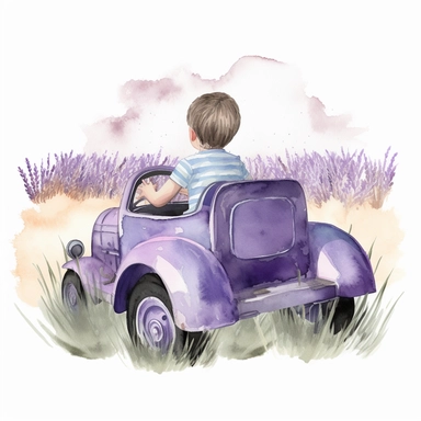 a side view of a little boy inside a toy metal car in a field of lavender watercolor clipart
