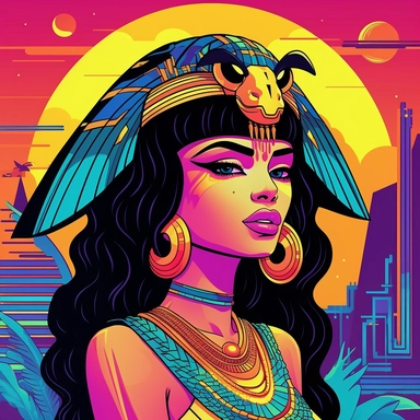 Design a captivating clipart featuring a retro-inspired portrayal of Cleopatra infused with the vibrant Vice City vibes. Create a stylish and charismatic character that combines the timeless beauty of Cleopatra with elements reminiscent of the 1980s Miami aesthetic. Incorporate bold colors, neon lights, palm trees, and retro patterns to evoke the Vice City atmosphere. With a white background, the clipart maintains a versatile appeal for various design applications. Perfect for digital projects, 