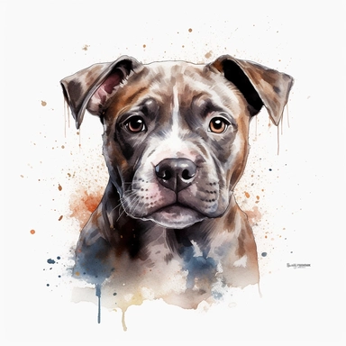 cute Staffordshire Bull Terrier dog portrait, full face, centered shot, side shot, dynamically posed, in action, playful mood, happy mood, playing mood, cute face, adorable smile, childlike eyes, clean watercolor illustration, white background, nursery baby imagery, painting, detailed, 8k, PNG, clipart,