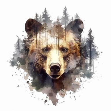 double exposure, bear head and forest,watercolor,white background,clipart