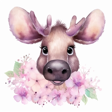 A beautiful, cute, adorable, watercolor, floral baby moose pastel pink and pastel purple flowers and big cute eyes, very adorable, stunning with flowers, pastel colors, very beautiful, sparkling clipart, with a white background, or KKHDR hyper detail, hyper resolution, hyper realistic, hyper cartoon style